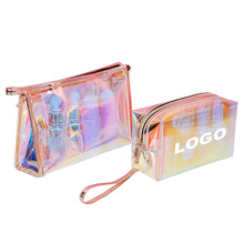 Low MOQ 100PCS Custom Logo New Fashion Transparent Laser Cosmetic Pouch Luxury Print Clear Holographic Makeup Bag